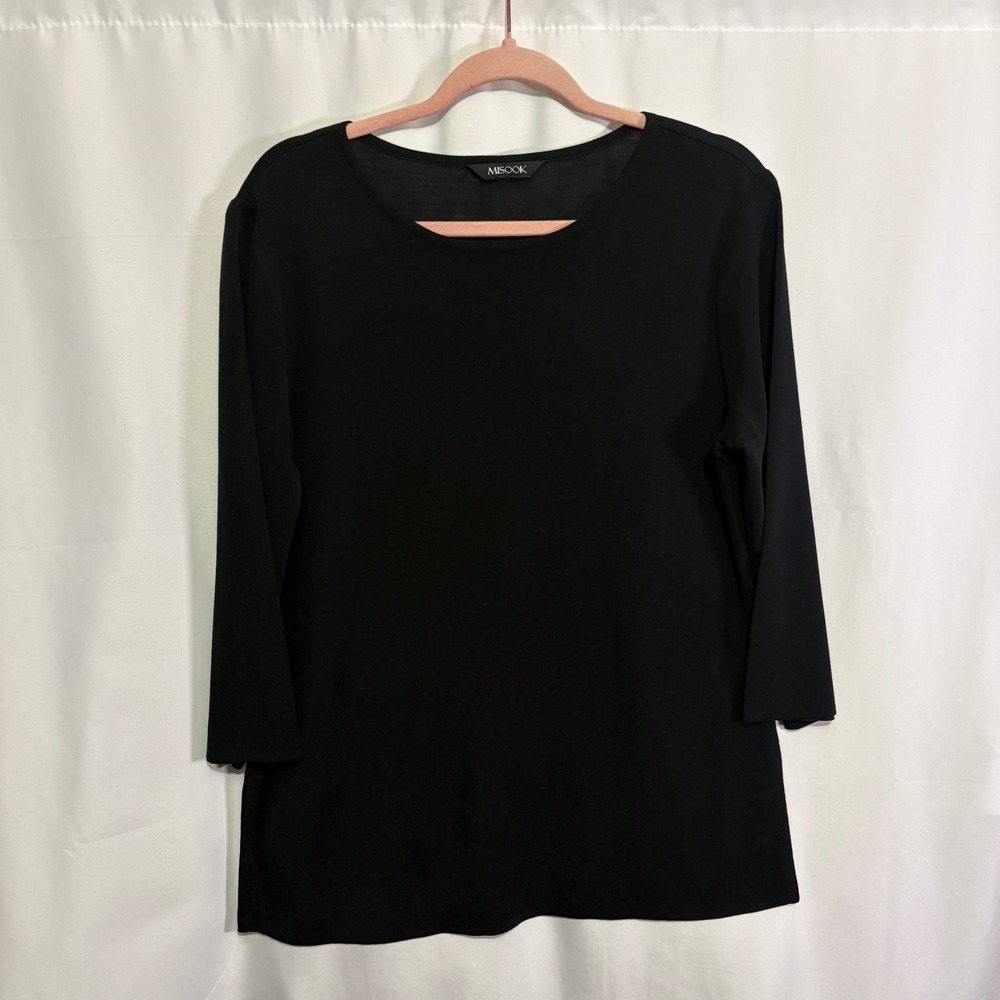 Misook Black 3/4 Sleeve Knit Top Scoop Neck Ribbed Acrylic Blend RN 73924 Large